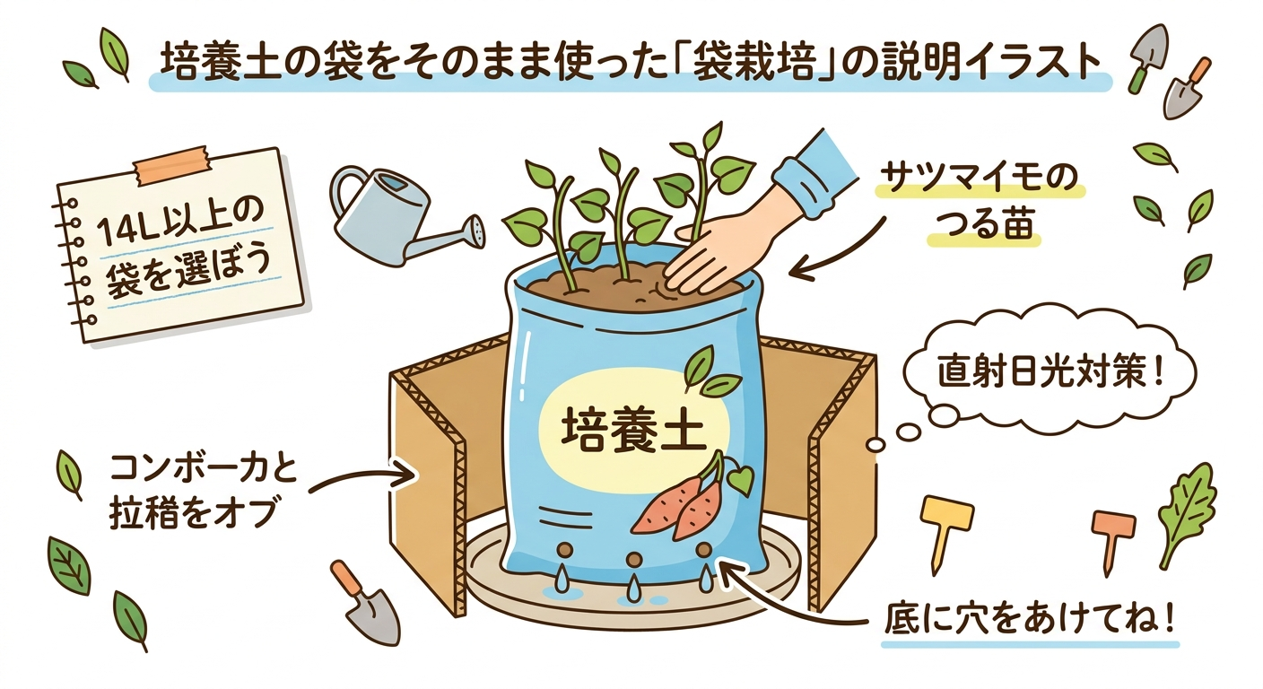 袋栽培の説明イラスト:培養土の袋に直接サツマイモのつる苗を植える方法